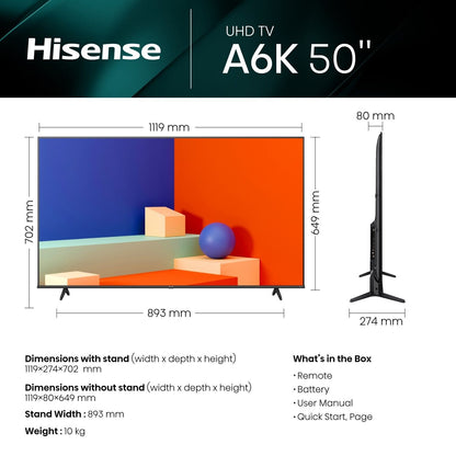 Hisense A6K 50 Inch Smart 4K Ultra HD LED TV 50A6KTUK