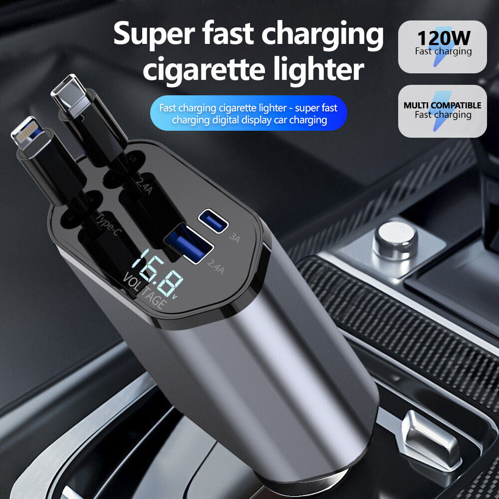 Retractable Car Charger,4 in 1 Car Phone Fast Charger 2 USB Ports for Iphone UK