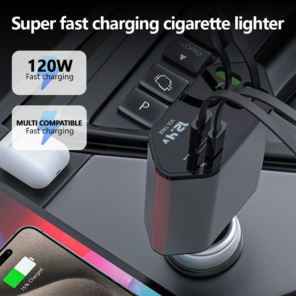 Retractable Car Charger,4 in 1 Car Phone Fast Charger 2 USB Ports for Iphone UK