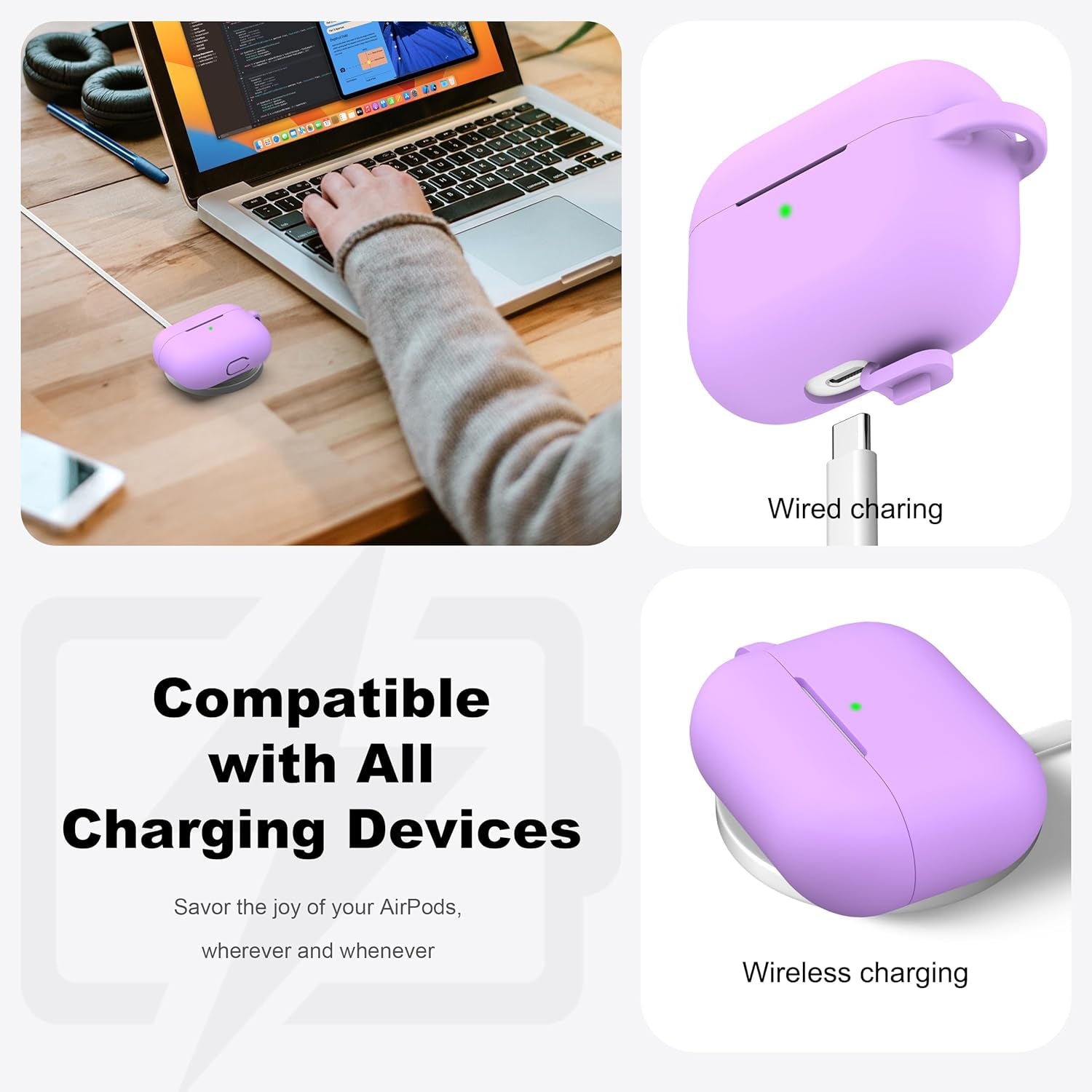 Compatible with Airpods Pro Case with Keychain,Full Protective Silicone Skin Accessories for Women Men Girl Compatible with Apple 2019 Latest Airpods Pro Case,Front LED Visible,Lavender